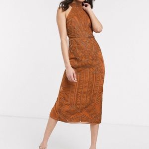 New ASOS DESIGN embellished midi dress with velvet embroidered applique in rust